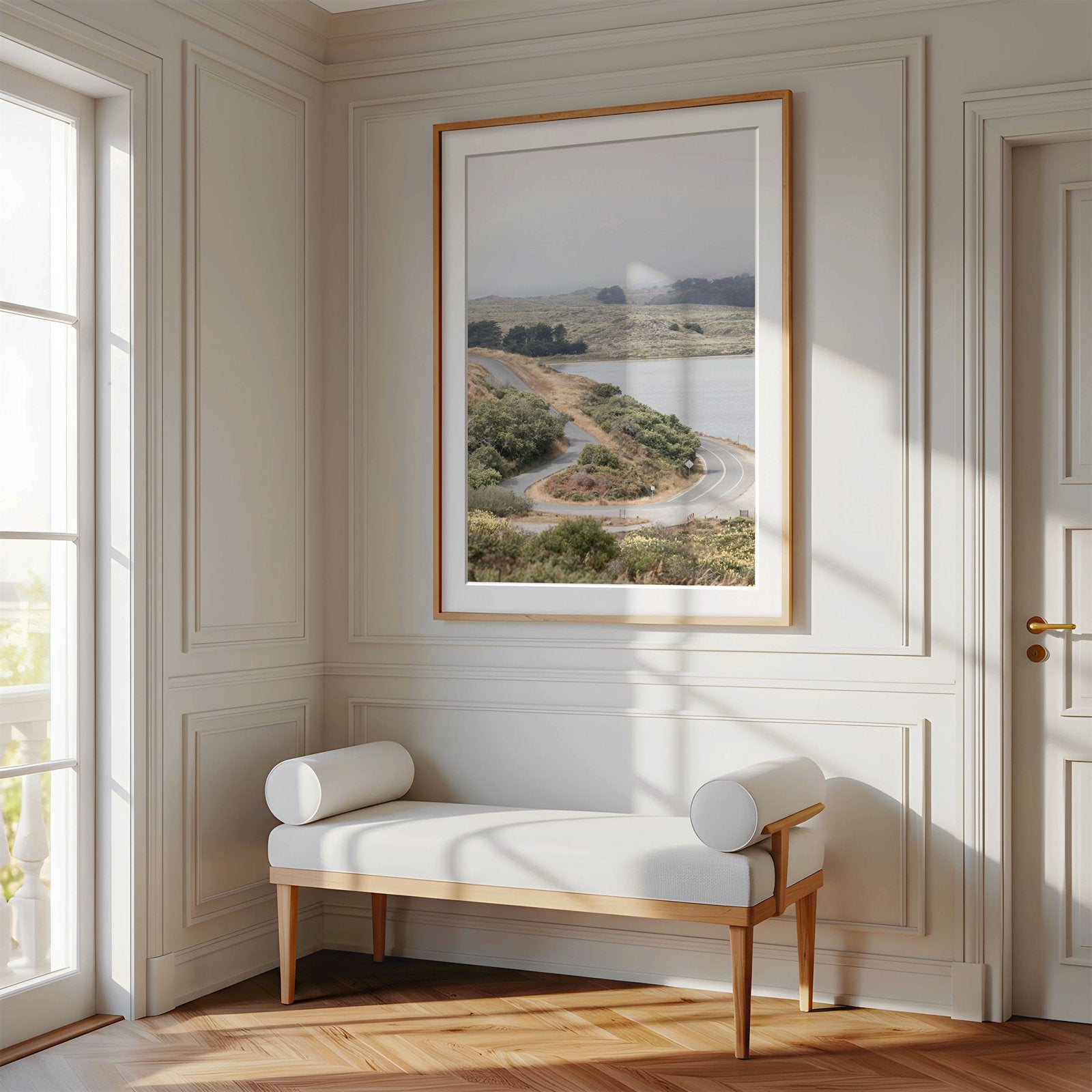 Framed oversized photo of: Bodega Bay 7763 displayed above a bench in a luxury hallway. 
