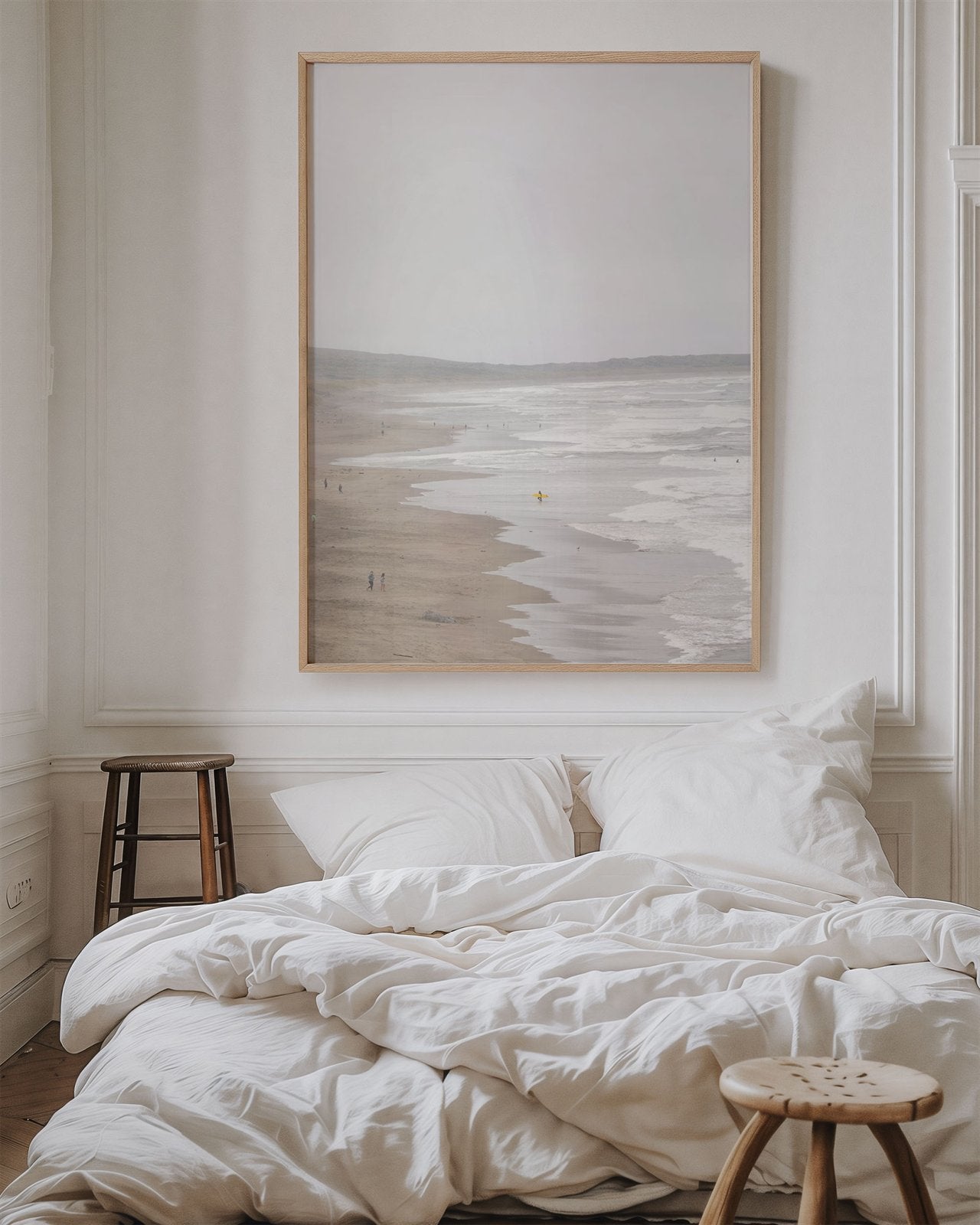 Framed photo of: Salmon Creek Beach 7523 displayed on a wall above a bed. 