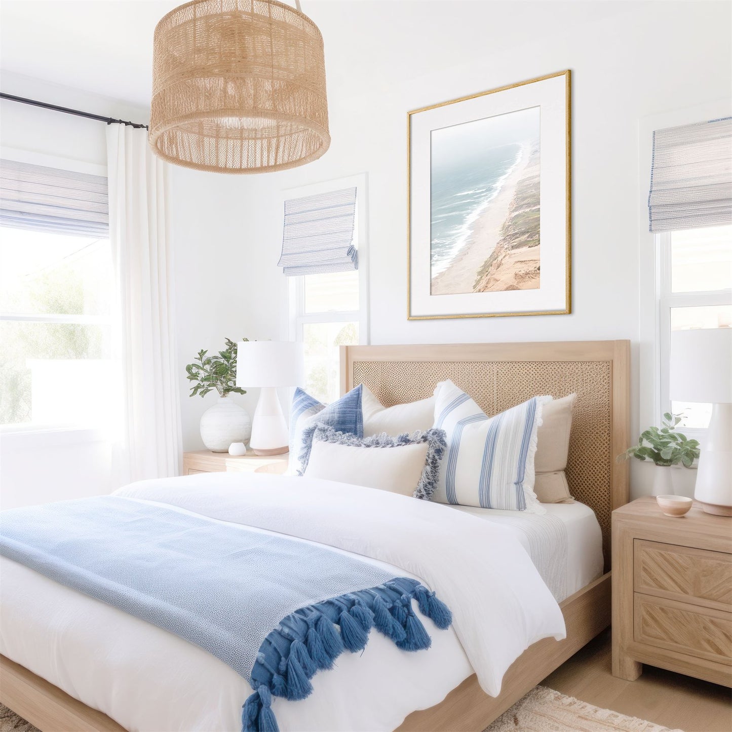 Framed canvas photo of: Point Reyes Beach 7430 displayed above a bed in a coastal bedroom.