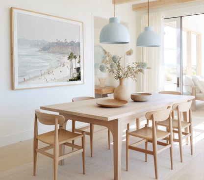 Large framed Del Mar Beach wall art in soft earthy tones, luxury California coastal Fine art print.